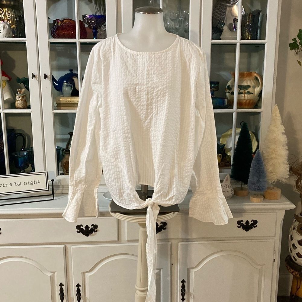 H&M Bell Sleeve Tie-Front Cotton Top White Size 14